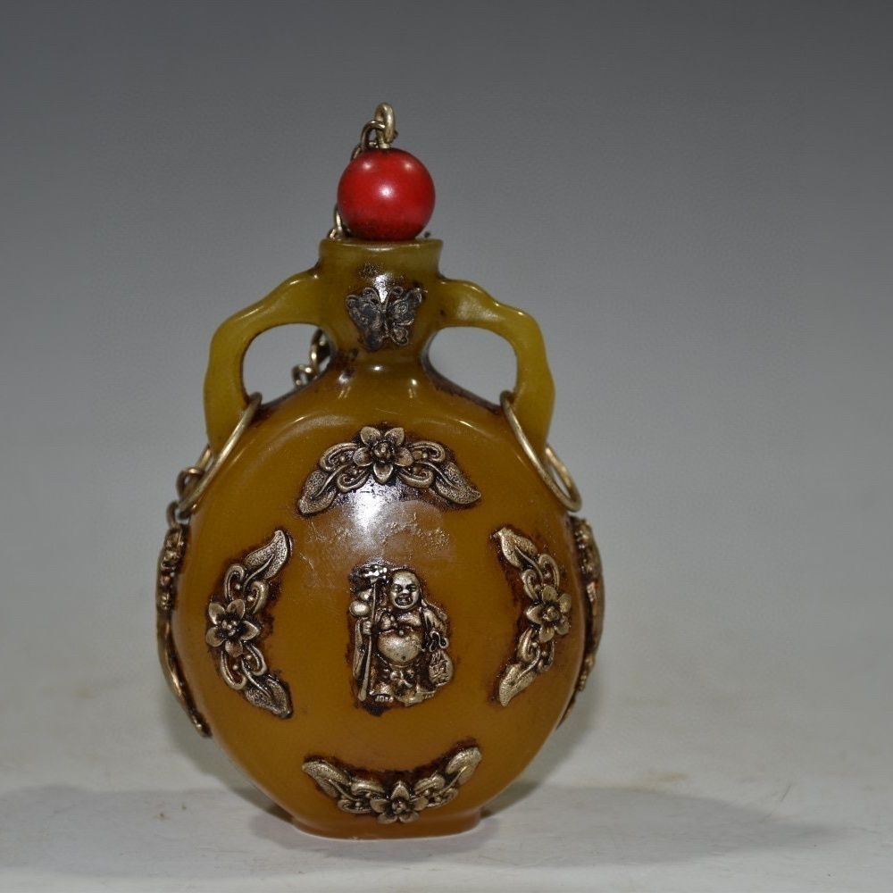 Vintage Collectible Bottles - Винтажный коллекционный резной янтарный табакер с